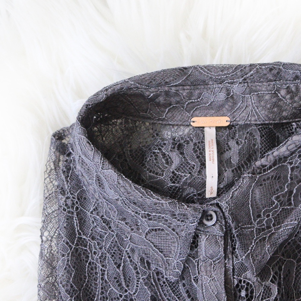 Free People Grey Sheer Lace Buttondown Shirt